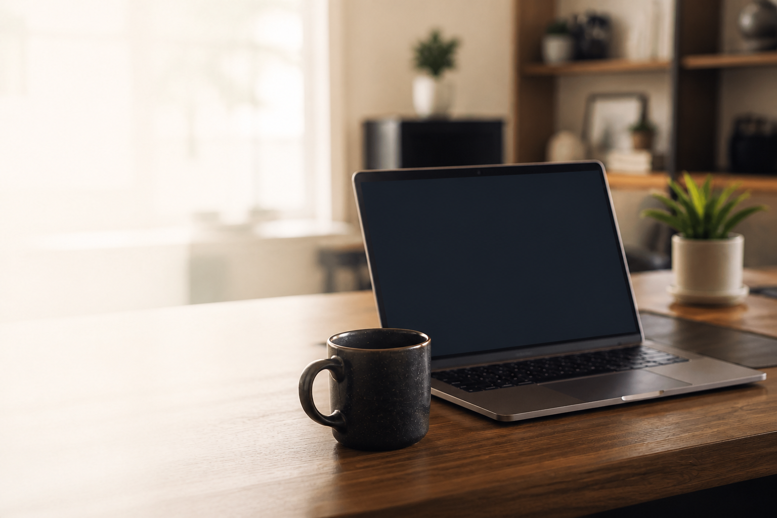 A warm PyleDesignz workspace with a laptop and coffee mug